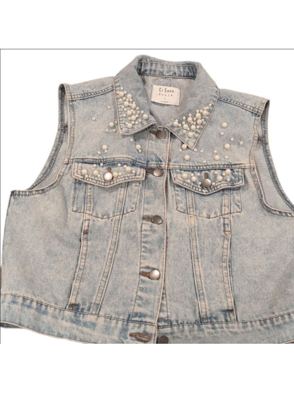 Ci Sono Denim Vest with Pearl Embellishments,Los Angeles , Size Large.EUC.